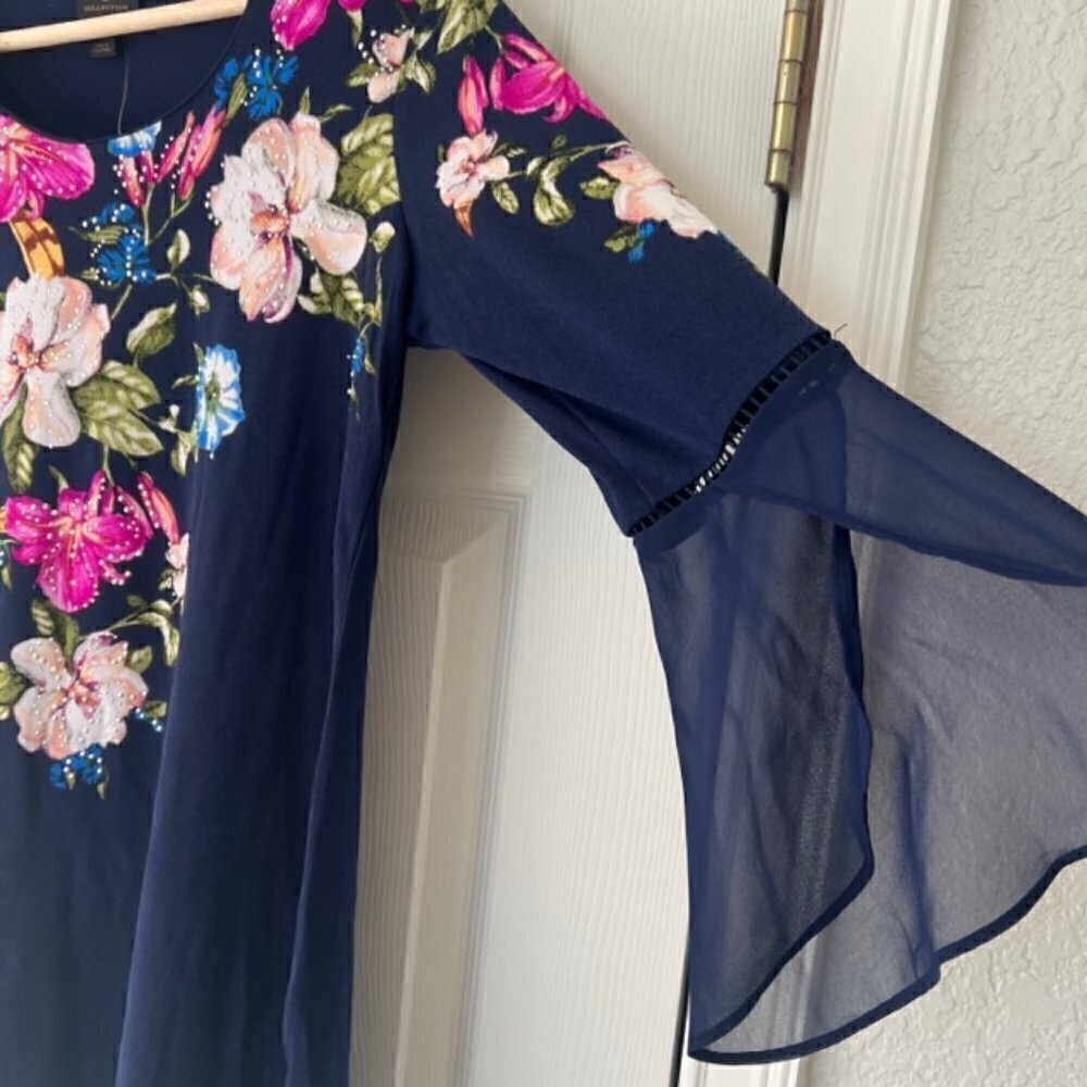 JM Collection Floral Chiffon Blouse XS – Angel Sleeves Navy Pink Floral NWT - Picture 3 of 13